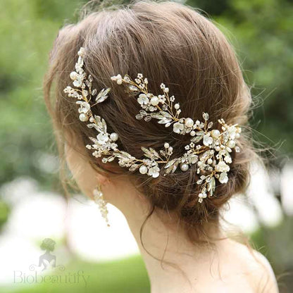 Handmade Bridal Hair Clip With Austrian Crystals And Pearl Beads In Gold