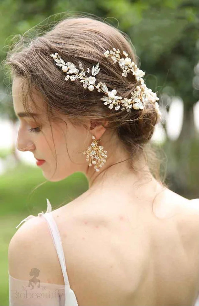 Handmade Bridal Hair Clip With Austrian Crystals And Pearl Beads In Gold