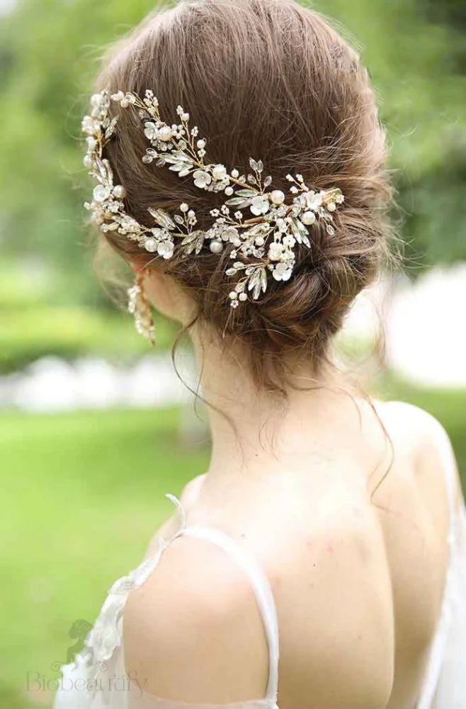 Handmade Bridal Hair Clip With Austrian Crystals And Pearl Beads In Gold