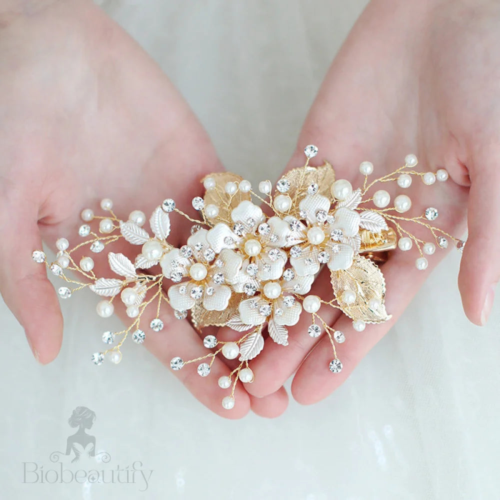 Handmade Gold Hair Clip Comb With Austrian Crystals And Pearls For Weddings By Gioffreda