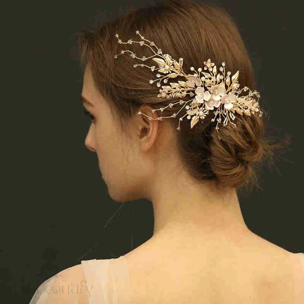 Handmade Gold Hair Comb With Austrian Crystal Beads For Weddings