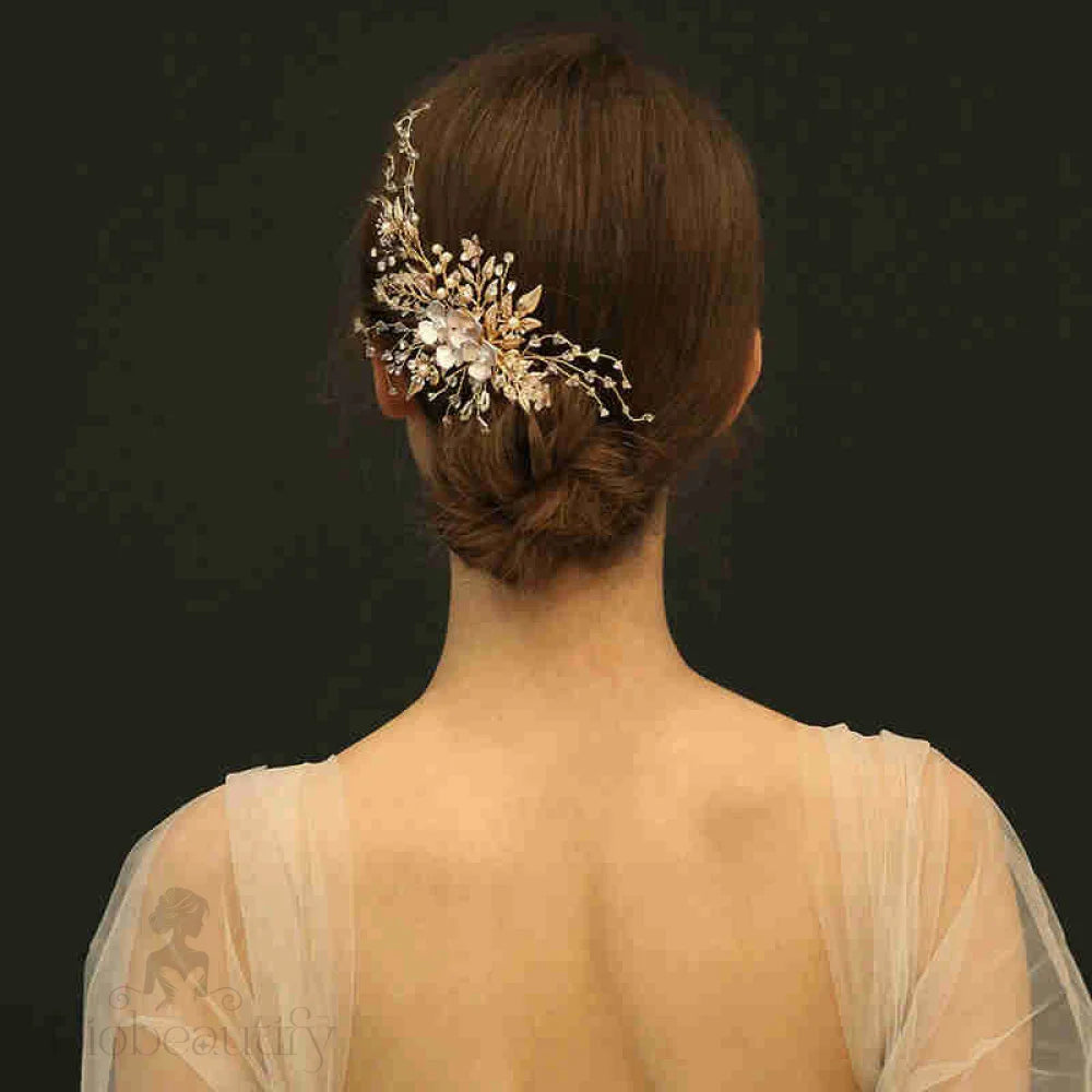 Handmade Gold Hair Comb With Austrian Crystal Beads For Weddings