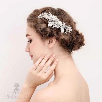 Handmade Silver Bridal Hair Clip With Austrian Crystals And Pearl