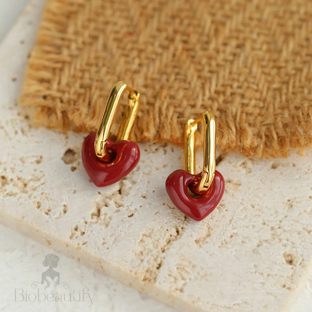 Heart 18K Gold Plated Enamel Hollow Hoop Earrings