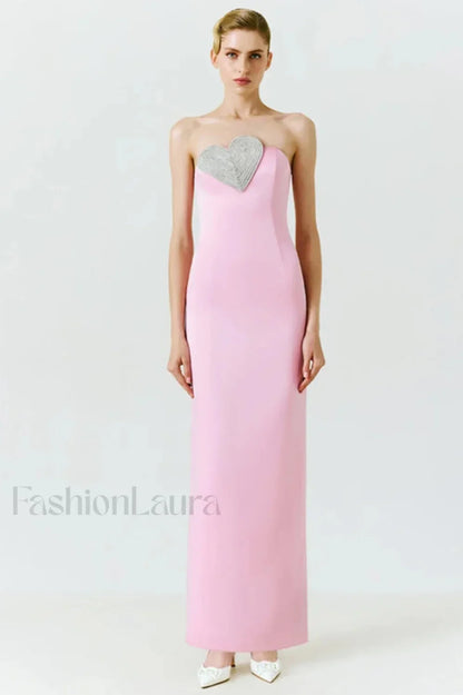 Heart Embellished Strapless Charming Cady Column Dress