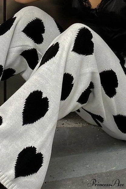 Heart Pattern Knit Wide Leg Pants