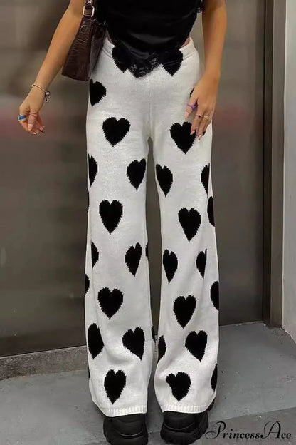 Heart Pattern Knit Wide Leg Pants