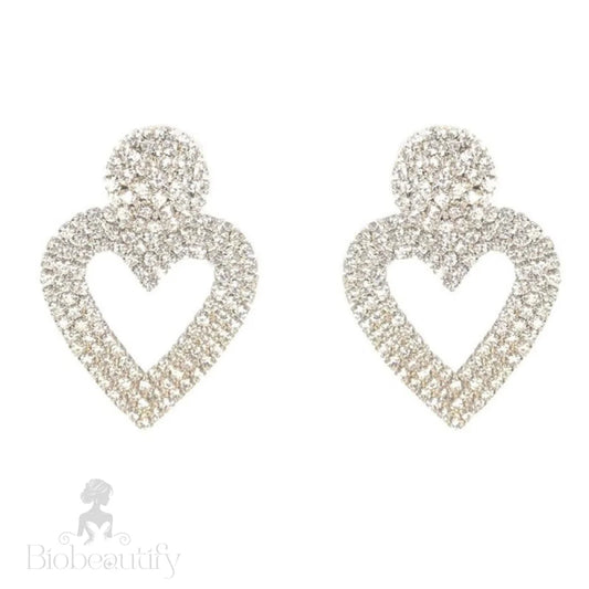 Heart Shape Drop Earrings With Sparkly Crystal Details - Silver One Size /