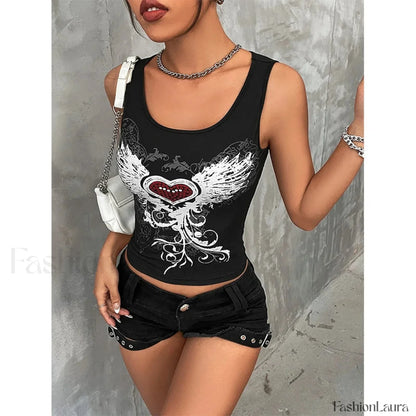 Heart & Wings Gothic Fairy Dark Printed Grunge Crop Top
