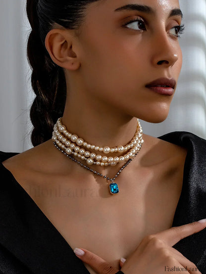 Heavy Layered Cross Pearl Elegant Necklace GOLD