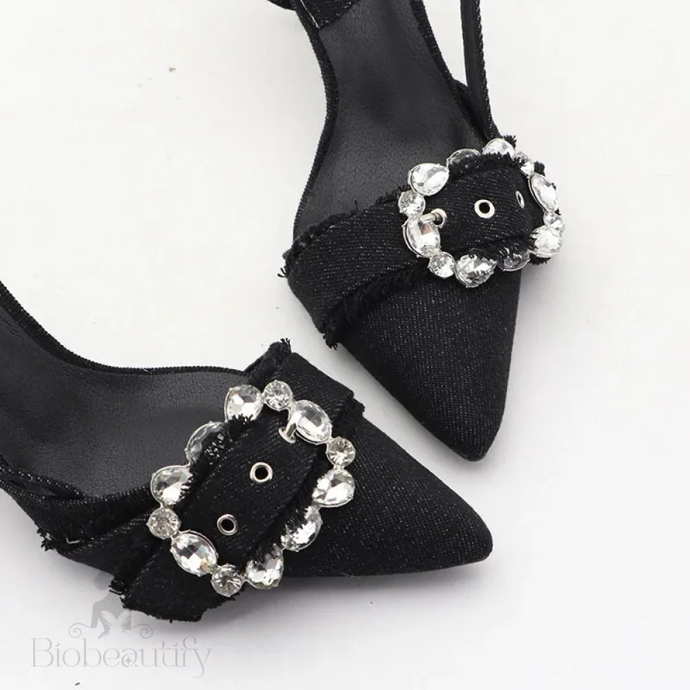 High-Heeled Denim Sandals With Rhinestone Square Buckle For Autumn