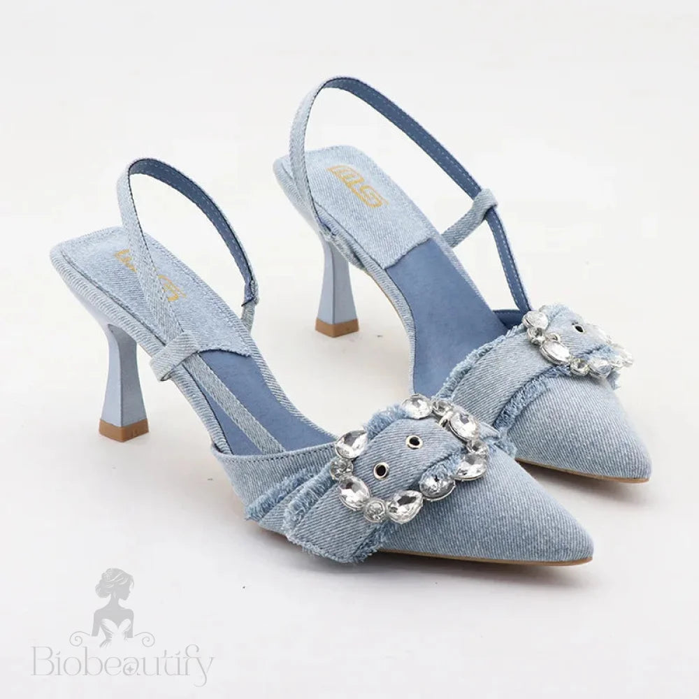 High-Heeled Denim Sandals With Rhinestone Square Buckle For Autumn