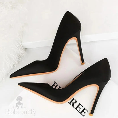 High Heels Women Pumps Pointed Shoes Lady Silks Satins Black / 34