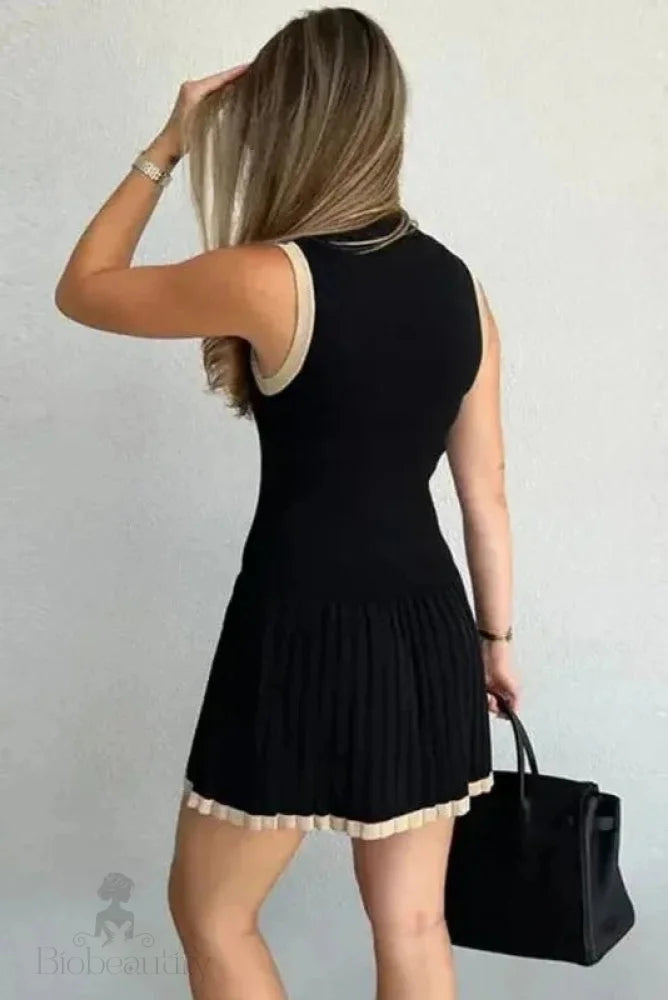 High Waist Lace Pleated Sleeveless Mini Dress