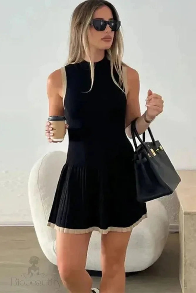 High Waist Lace Pleated Sleeveless Mini Dress