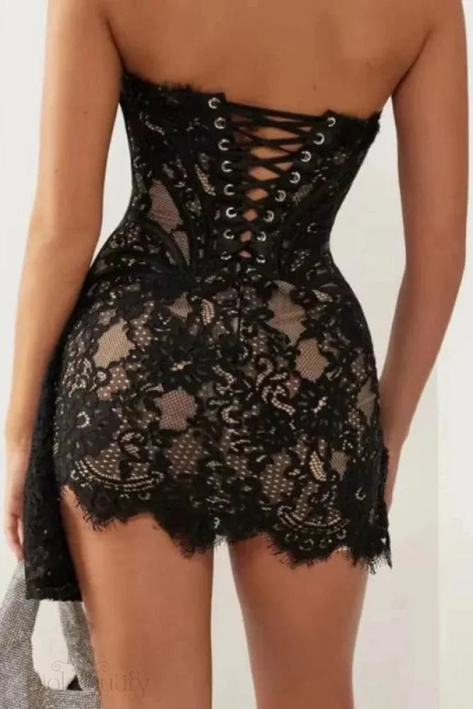 High Waist Lace Printed Strapless Mini Dress