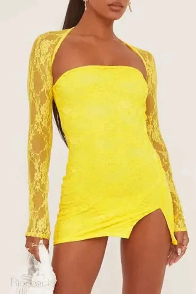 High Waist Lace See-Through Long Sleeve Patchwork Mini Dress