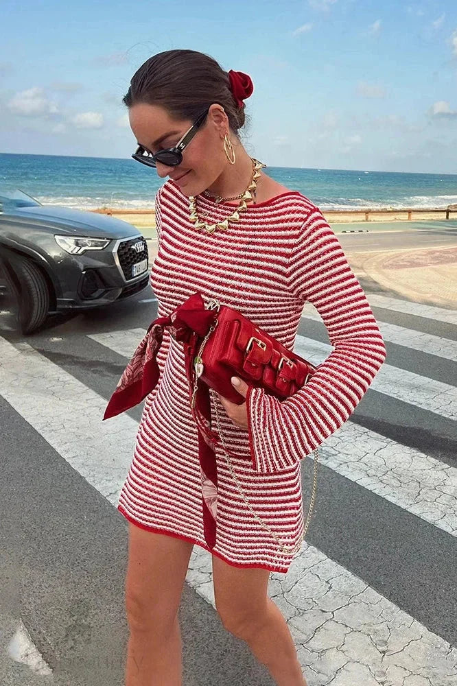 High Waist Striped Flare Sleeve Mini Dress