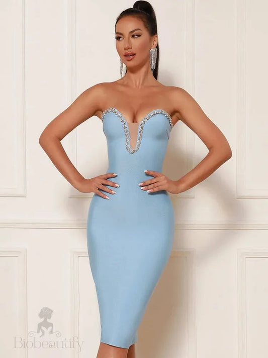 Hilo Bandage Strapless Rhinestone Deep Cleavage Dress - SunsetFashionLA