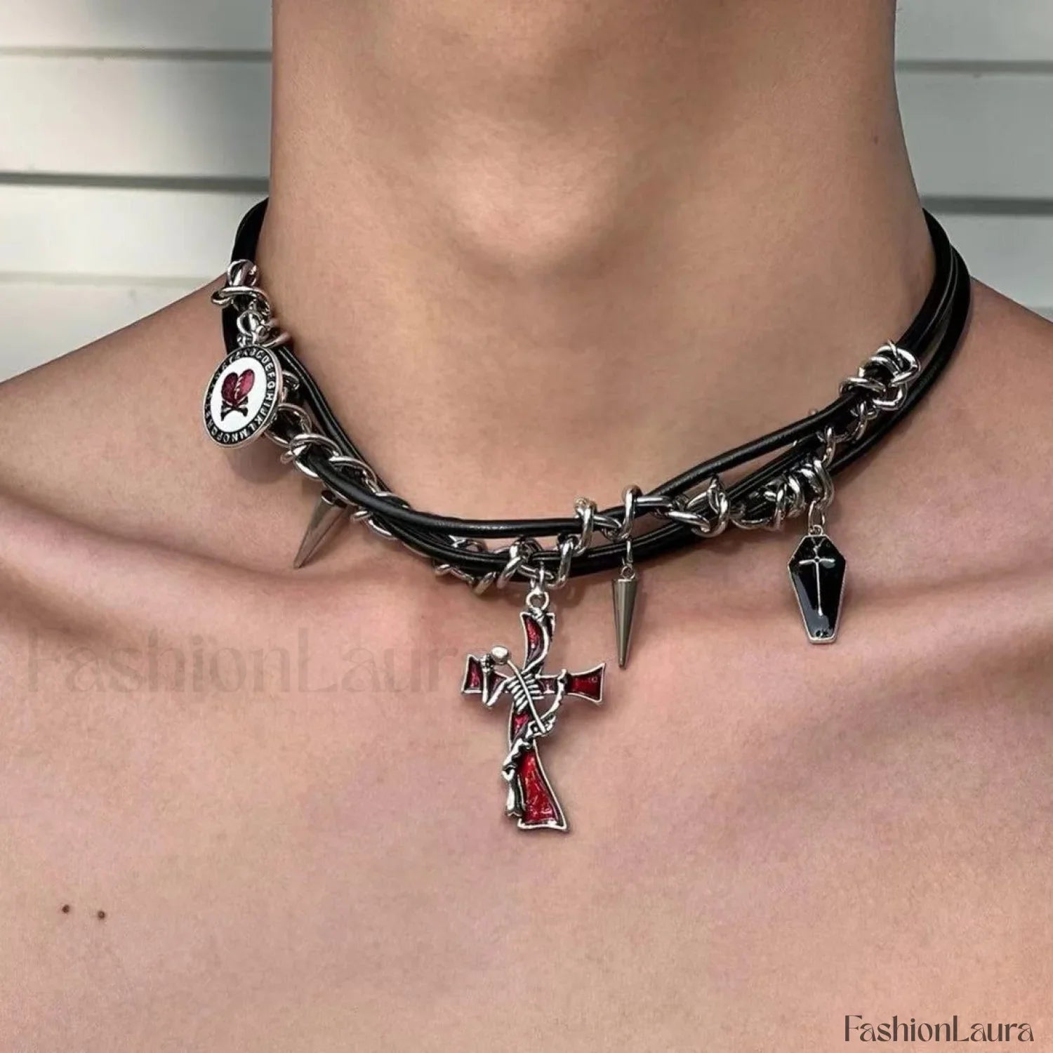 Hip hop Leather Dark Cross Triple Rivet Necklace BLACK