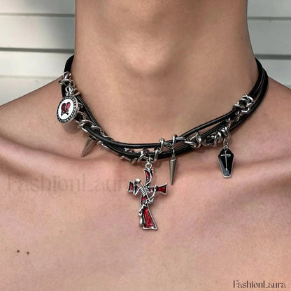 Hip hop Leather Dark Cross Triple Rivet Necklace BLACK