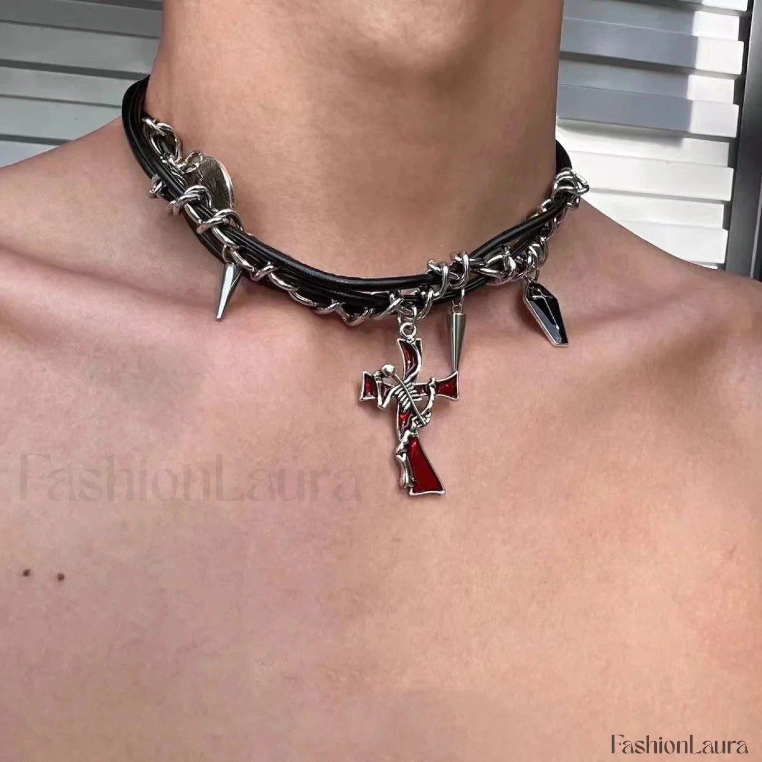 Hip hop Leather Dark Cross Triple Rivet Necklace BLACK