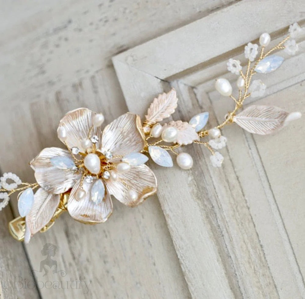 Holly Gold Pearl Opal Bridal Hair Clip