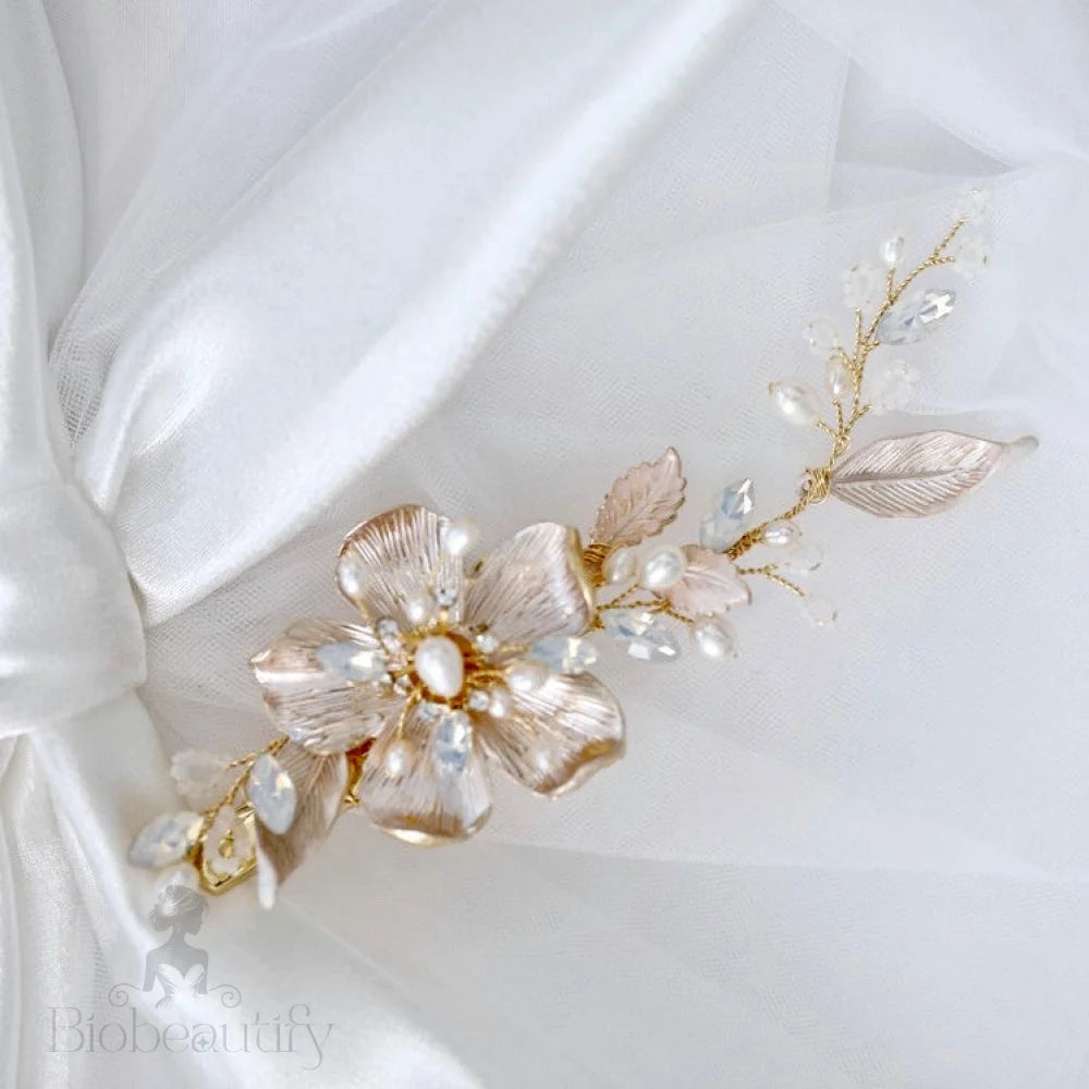 Holly Gold Pearl Opal Bridal Hair Clip