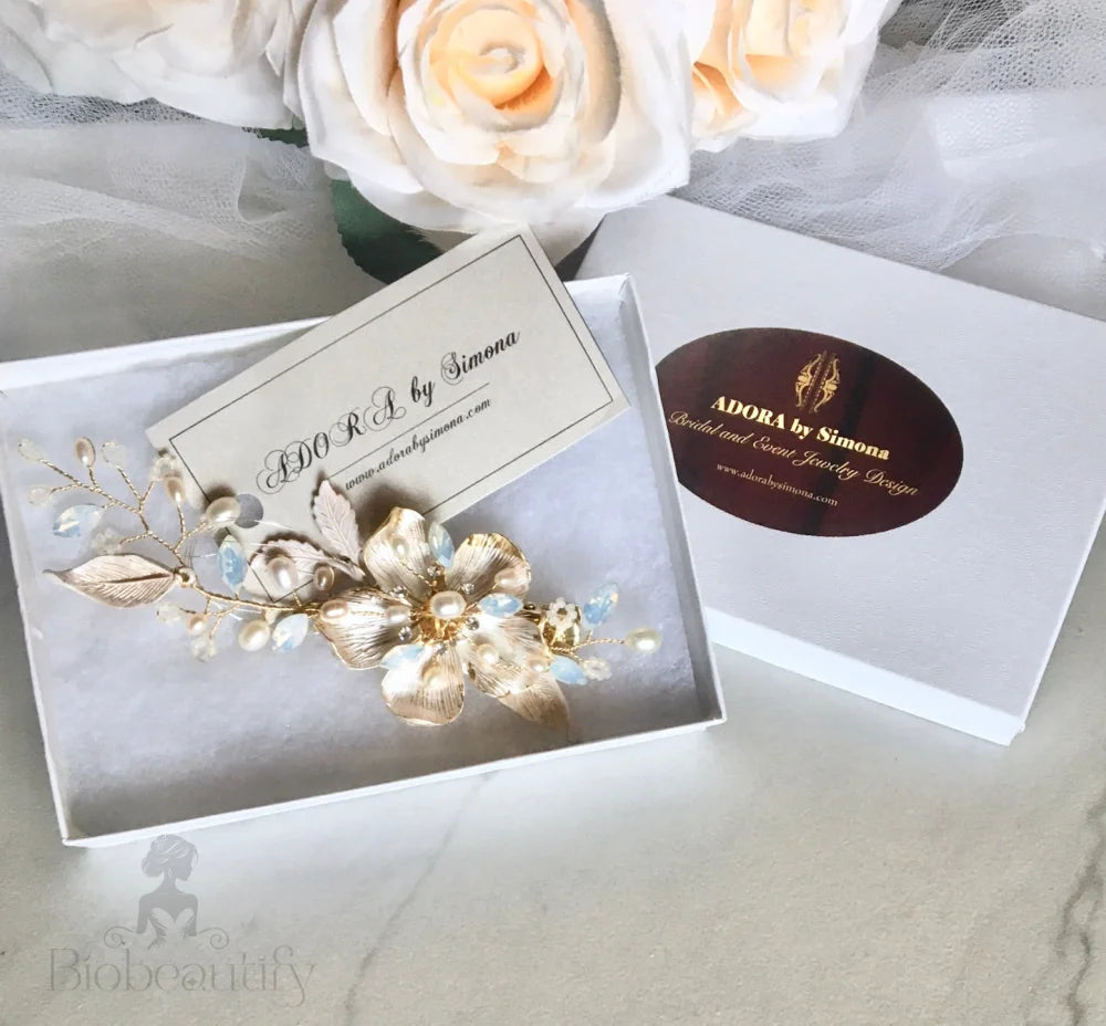 Holly Gold Pearl Opal Bridal Hair Clip