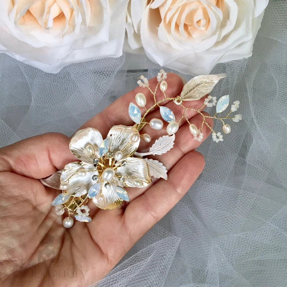 Holly Gold Pearl Opal Bridal Hair Clip