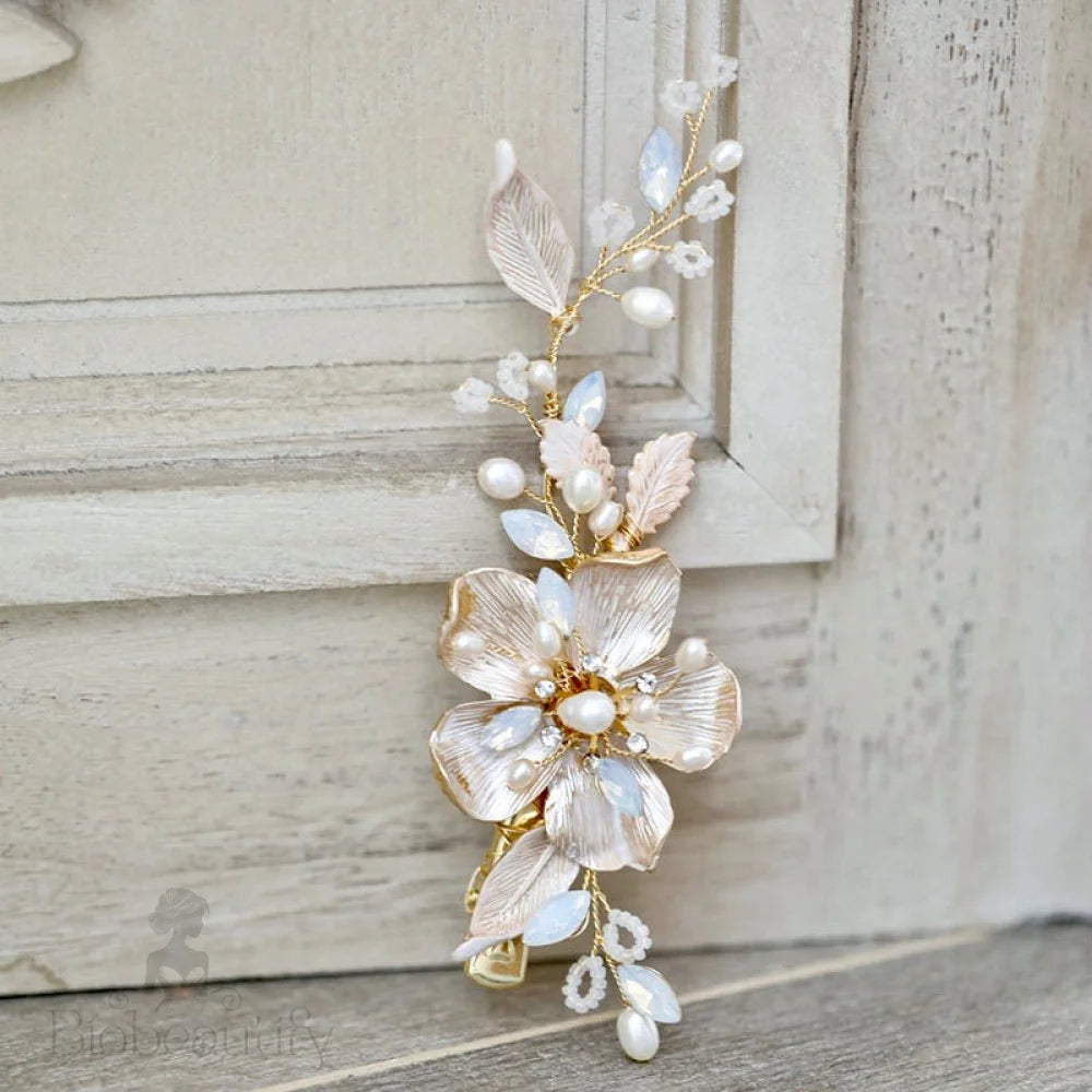 Holly Gold Pearl Opal Bridal Hair Clip