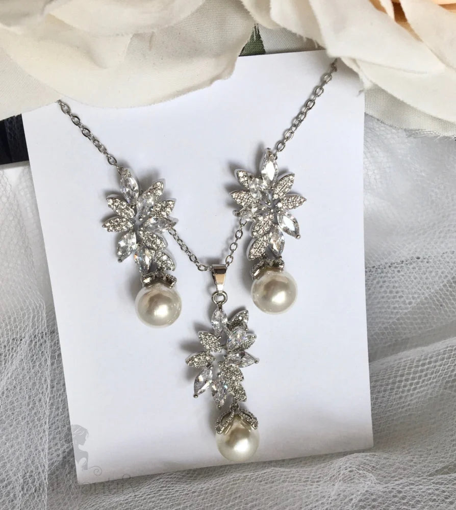 Ida Pearl And Cz Bridal Jewelry Set