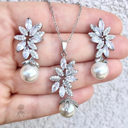 Ida Pearl And Cz Bridal Jewelry Set