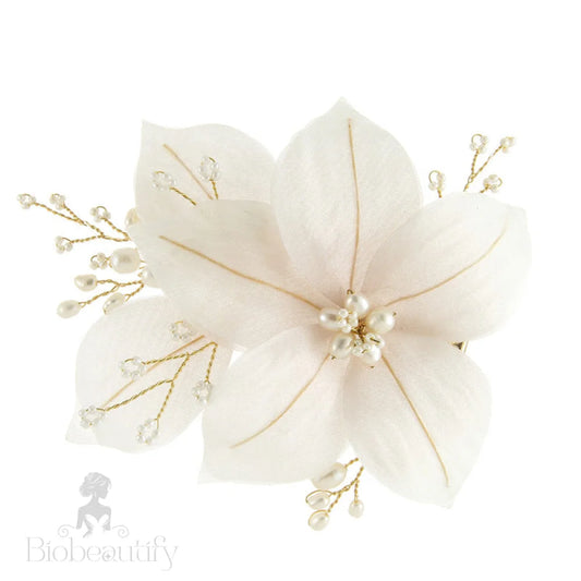 Ilaria Handmade Fabric Flower Hair Clip With Pearls And Gold For Weddings