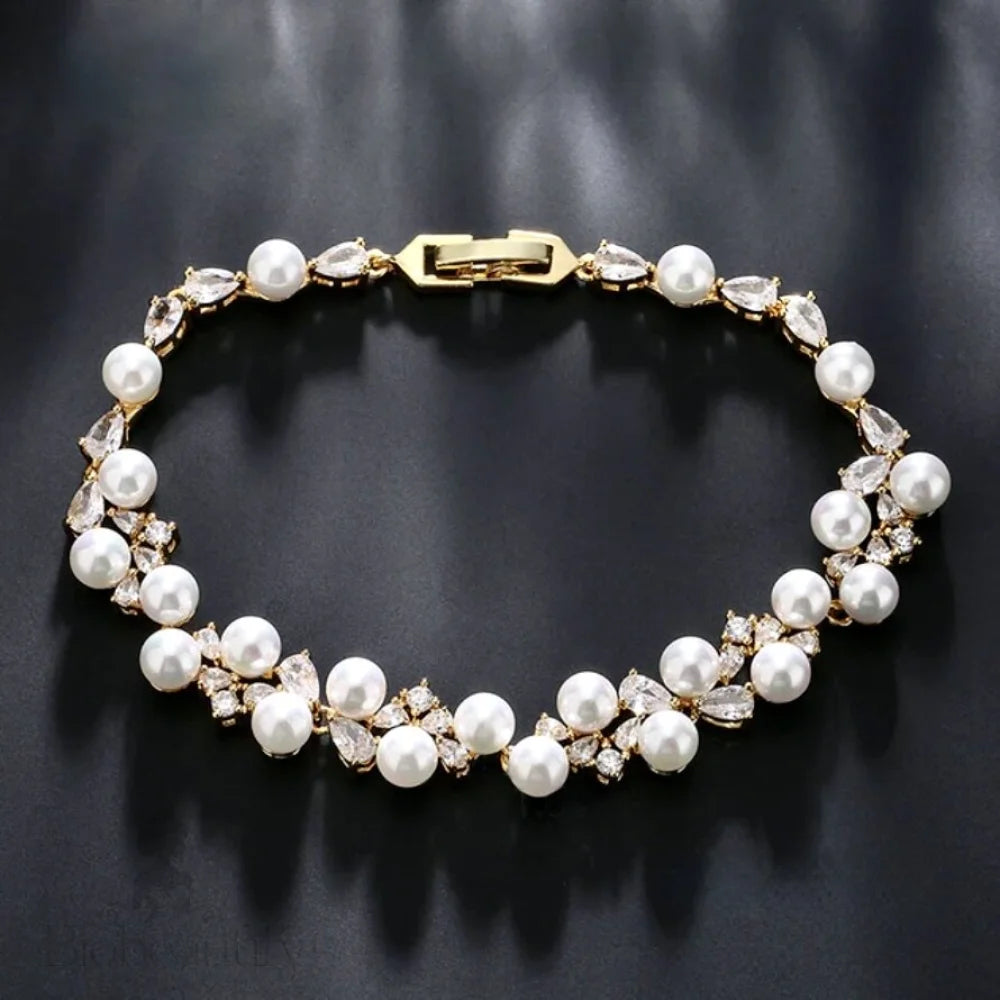 Pearl Wedding Jewelry - Pearl and Cubic Zirconia Bridal Bracelet - Available in Gold and Silver