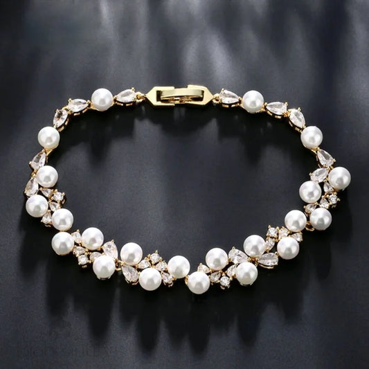 Pearl Wedding Jewelry - Pearl and Cubic Zirconia Bridal Bracelet - Available in Gold and Silver