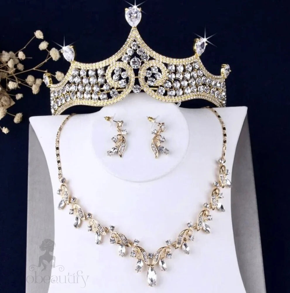 Iolanda Gold Bridal Jewelry Set With Tiara - 3 Pieces