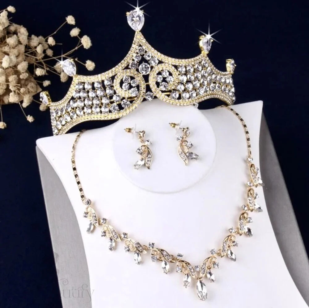 Wedding Jewelry and Accessories - Gold Bridal 3-Piece Jewelry Set With Tiara