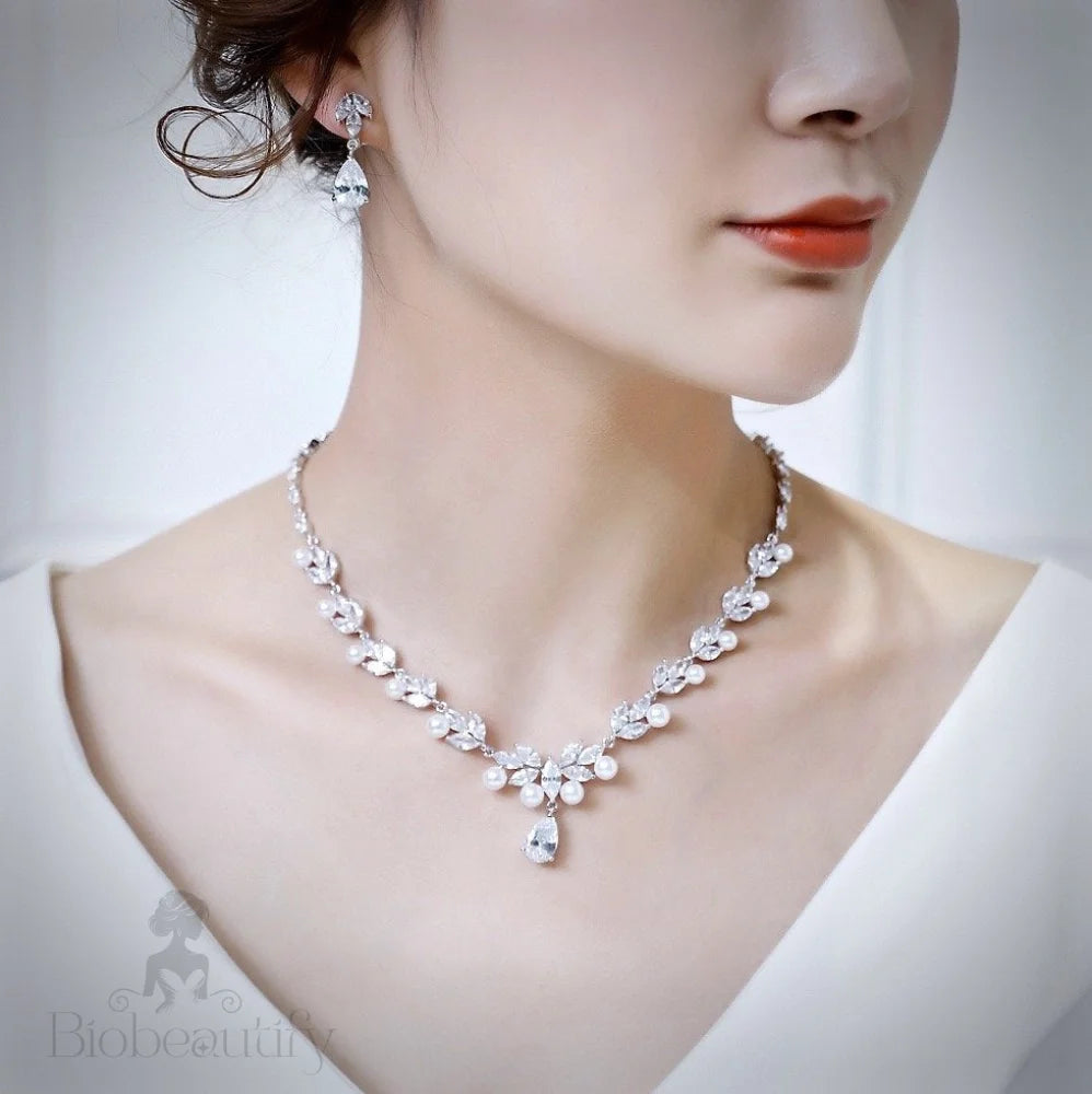 Irene Silver Jewelry Set With Cubic Zirconia And Pearl For Brides