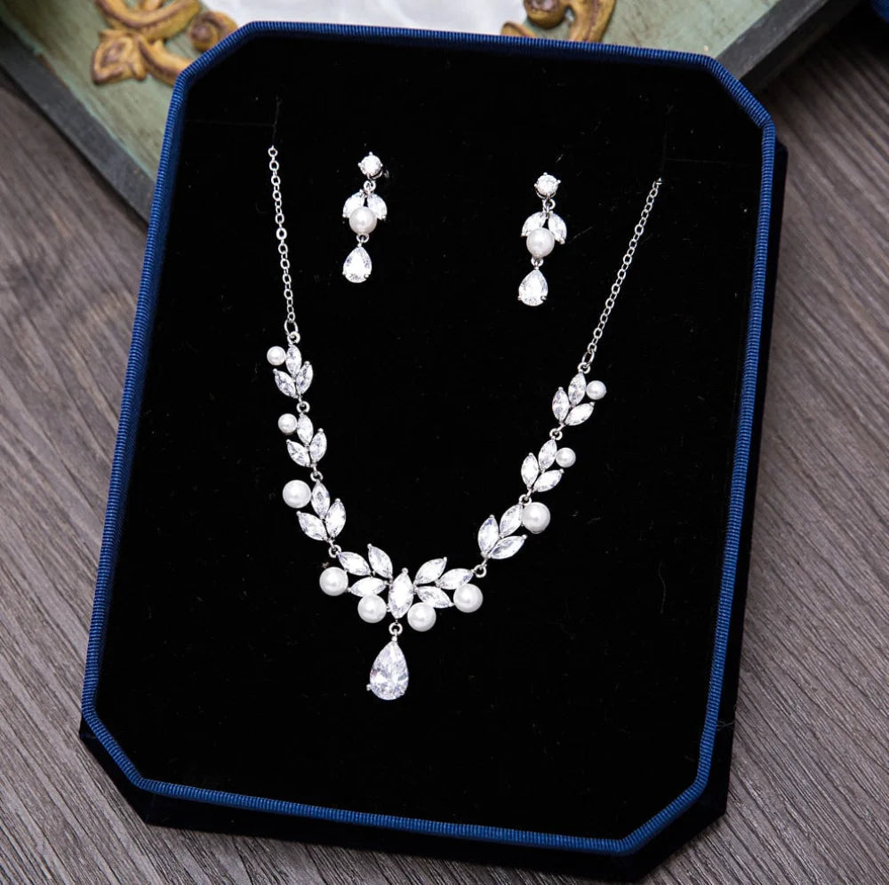 Irene Silver Jewelry Set With Cubic Zirconia And Pearl For Brides