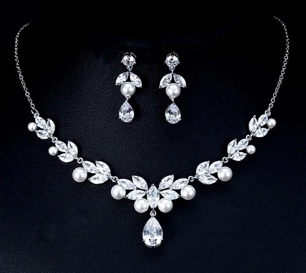 Irene Silver Jewelry Set With Cubic Zirconia And Pearl For Brides