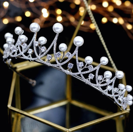 Irene Silver Pearl And Cubic Zirconia Wedding Tiara