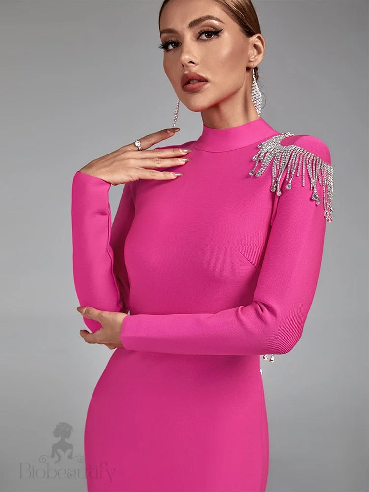 Irie Long Sleeve Bandage Dress With Rhinestone Tassels