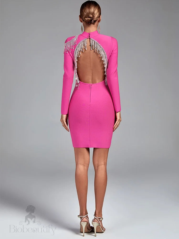 Irie Long Sleeve Bandage Dress With Rhinestone Tassels