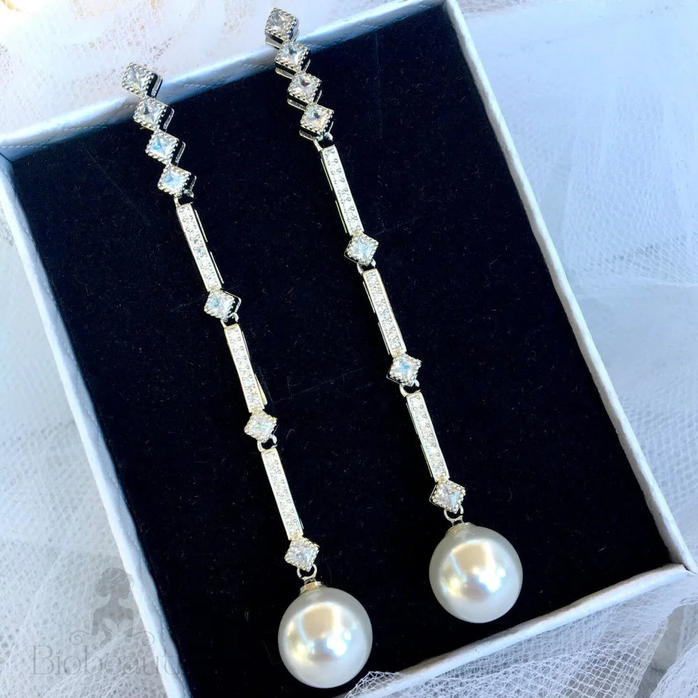 Irina Art Deco Bridal Earrings With Pearl And Cz