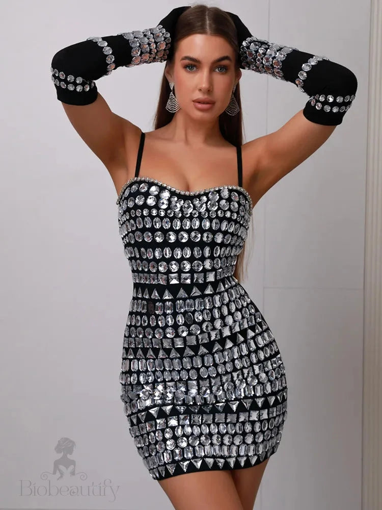 Isolde Rhinestone Bandage Dress With Matching Gloves