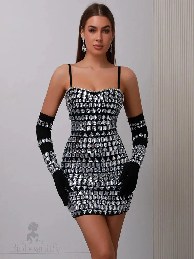 Isolde Rhinestone Bandage Dress With Matching Gloves