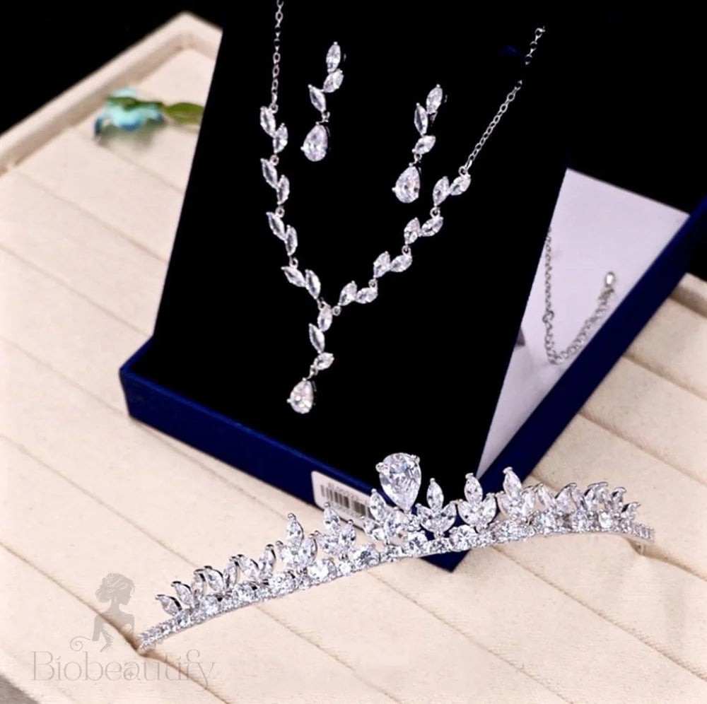 Wedding Jewelry - Silver Cubic Zirconia 3-Piece Bridal Jewelry Set With Tiara