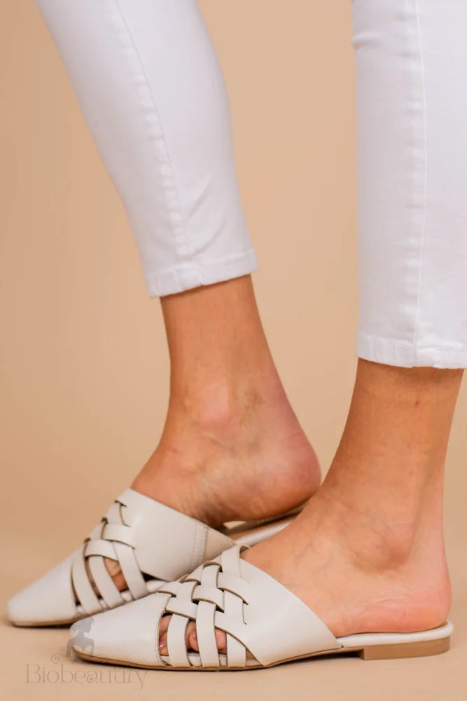 Ivory White Flat Mules For Lunch Date 6 /