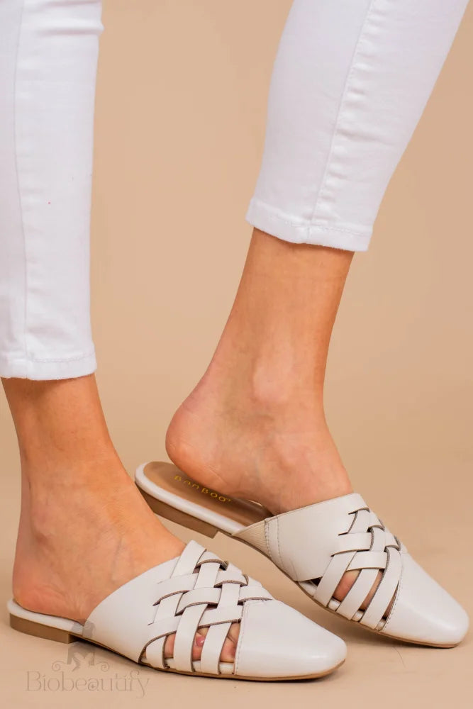 Ivory White Flat Mules For Lunch Date 7 /